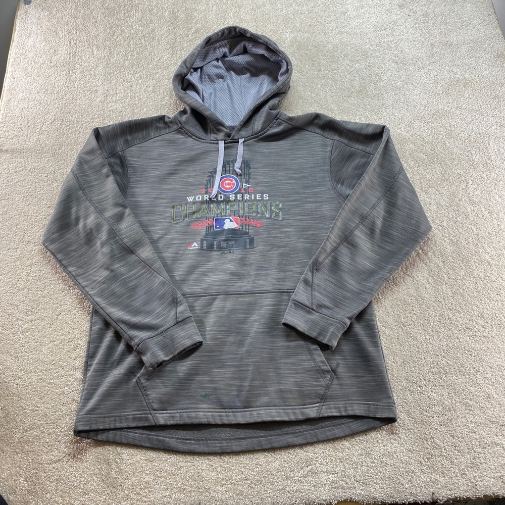 Majestic Chicago Cubs Hoodie Mens Medium Grey Good 2016 World Series Champions